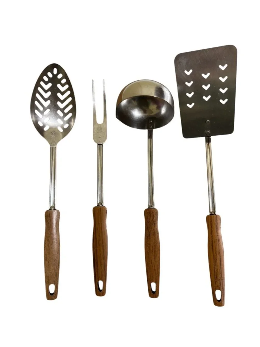 Vintage EKCO 4-Piece Stainless Steel Serving Set Faux Wood Brown Black Handles